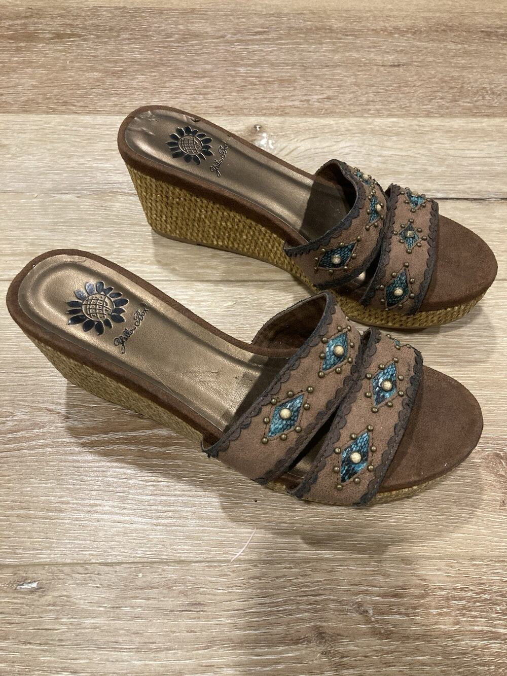 VTG Y2K Yellow Box Boho Wedge Sandals Studded Turquoise Woven Platform Slides 7